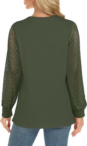 AURUZA Blouses for Women Dressy Casual, Lace Long Sleeve Tops Waffle Knit Business Casual Outfits Work Shirts Fall Clothes (XX-Large, Army Green) in Saudi Arabia