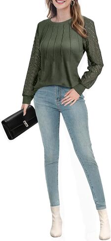 AURUZA Blouses for Women Dressy Casual, Lace Long Sleeve Tops Waffle Knit Business Casual Outfits Work Shirts Fall Clothes (XX-Large, Army Green) in Saudi Arabia