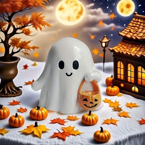 Halloween Ghost Figurine with Pumpkin Bucket, Resin Polished Cute Ghost Statue, Small Tabletop Halloween Decoration for Home, Office, Tiered Tray, Fall Spooky Party Ornament in Saudi Arabia