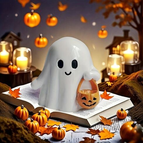 Halloween Ghost Figurine with Pumpkin Bucket, Resin Polished Cute Ghost Statue, Small Tabletop Halloween Decoration for Home, Office, Tiered Tray, Fall Spooky Party Ornament in Saudi Arabia