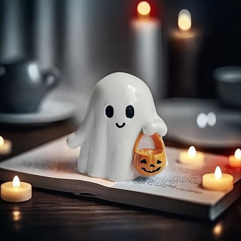 Halloween Ghost Figurine with Pumpkin Bucket, Resin Polished Cute Ghost Statue, Small Tabletop Halloween Decoration for Home, Office, Tiered Tray, Fall Spooky Party Ornament in Saudi Arabia