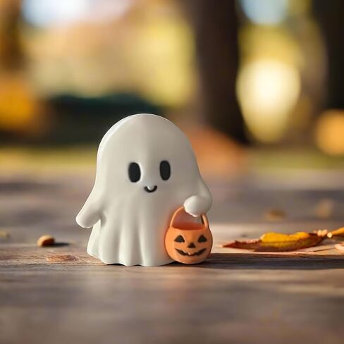 Halloween Ghost Figurine with Pumpkin Bucket, Resin Polished Cute Ghost Statue, Small Tabletop Halloween Decoration for Home, Office, Tiered Tray, Fall Spooky Party Ornament in Saudi Arabia