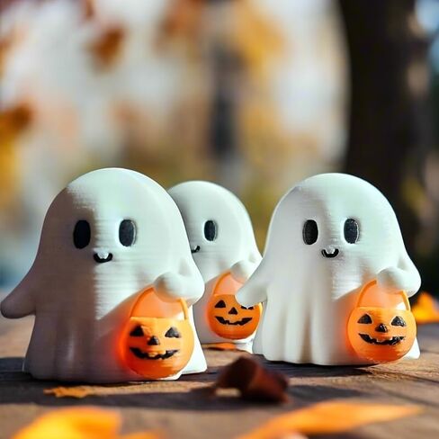 Halloween Ghost Figurine with Pumpkin Bucket, Resin Polished Cute Ghost Statue, Small Tabletop Halloween Decoration for Home, Office, Tiered Tray, Fall Spooky Party Ornament in Saudi Arabia