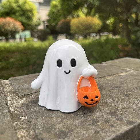 Halloween Ghost Figurine with Pumpkin Bucket, Resin Polished Cute Ghost Statue, Small Tabletop Halloween Decoration for Home, Office, Tiered Tray, Fall Spooky Party Ornament in Saudi Arabia