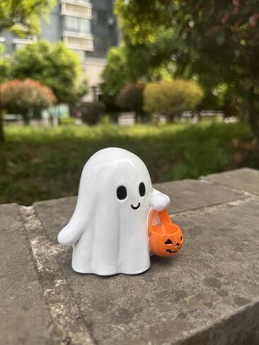 Halloween Ghost Figurine with Pumpkin Bucket, Resin Polished Cute Ghost Statue, Small Tabletop Halloween Decoration for Home, Office, Tiered Tray, Fall Spooky Party Ornament in Saudi Arabia