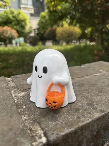 Halloween Ghost Figurine with Pumpkin Bucket, Resin Polished Cute Ghost Statue, Small Tabletop Halloween Decoration for Home, Office, Tiered Tray, Fall Spooky Party Ornament in Saudi Arabia