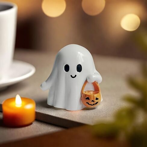 Halloween Ghost Figurine with Pumpkin Bucket, Resin Polished Cute Ghost Statue, Small Tabletop Halloween Decoration for Home, Office, Tiered Tray, Fall Spooky Party Ornament in Saudi Arabia