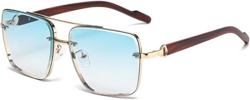 SWZEC Men's Vintage Wooden Arm Sunglasses - UV Protection Anti-Glare Gradient Lens Square Metal Frames in Saudi Arabia