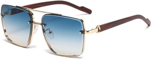 SWZEC Men's Vintage Wooden Arm Sunglasses - UV Protection Anti-Glare Gradient Lens Square Metal Frames in Saudi Arabia