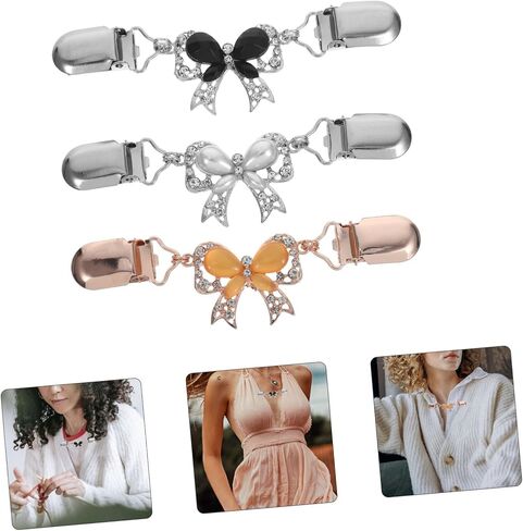 3Pcs Elegant Bowknot Sweater Clips Stylish Crystal Chain Cardigan Clips for Women White Black Rose Gold Sweaters Shawls Lightweight Jackets in Saudi Arabia