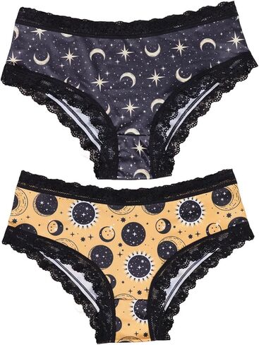 Women's 2 Packs Gothic Yellow Black Halloween Panties Set Moon Stars Print, Contrast Lace Trim Hipsters in Saudi Arabia