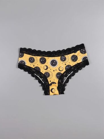 Women's 2 Packs Gothic Yellow Black Halloween Panties Set Moon Stars Print, Contrast Lace Trim Hipsters in Saudi Arabia
