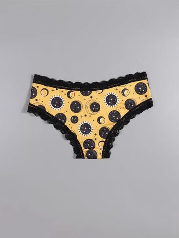 Women's 2 Packs Gothic Yellow Black Halloween Panties Set Moon Stars Print, Contrast Lace Trim Hipsters in Saudi Arabia