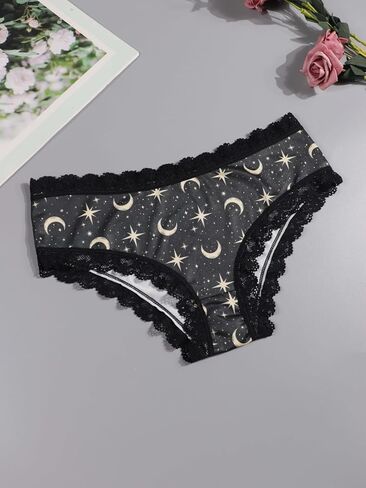 Women's 2 Packs Gothic Yellow Black Halloween Panties Set Moon Stars Print, Contrast Lace Trim Hipsters in Saudi Arabia