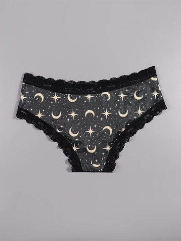 Women's 2 Packs Gothic Yellow Black Halloween Panties Set Moon Stars Print, Contrast Lace Trim Hipsters in Saudi Arabia