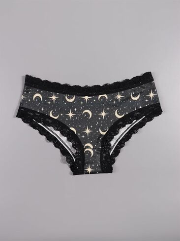 Women's 2 Packs Gothic Yellow Black Halloween Panties Set Moon Stars Print, Contrast Lace Trim Hipsters in Saudi Arabia