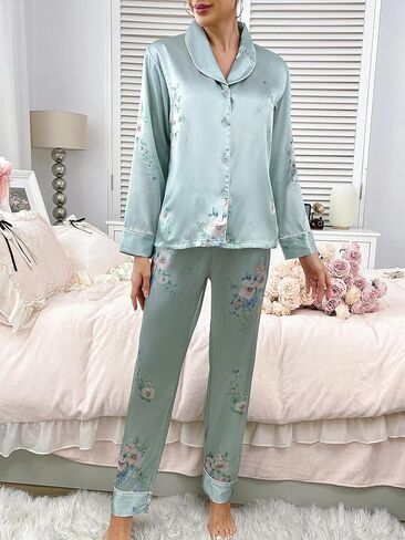 Women 2 Piece Satin Look Printed Long Sleeve Pajama Set Soft Touch Relaxed Fit Stylish Homewear Outfit for Daily Wear in Saudi Arabia