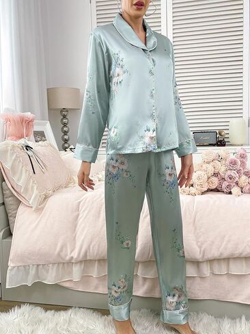 Women 2 Piece Satin Look Printed Long Sleeve Pajama Set Soft Touch Relaxed Fit Stylish Homewear Outfit for Daily Wear in Saudi Arabia
