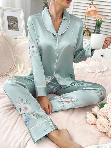 Women 2 Piece Satin Look Printed Long Sleeve Pajama Set Soft Touch Relaxed Fit Stylish Homewear Outfit for Daily Wear in Saudi Arabia