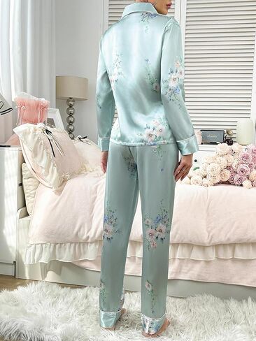 Women 2 Piece Satin Look Printed Long Sleeve Pajama Set Soft Touch Relaxed Fit Stylish Homewear Outfit for Daily Wear in Saudi Arabia