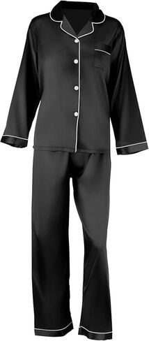 Women's Satin Buttoned Pajama Lounge Set Pajama Set Long Sleeve in Saudi Arabia