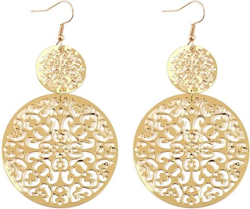 coadipress Boho Filigree Hollow Out Geometric Dangle Drop Earrings for Women Retro Double Round Disc Statement Metallic Cutout Metal Flower Large Earrings Ethnic Style Jewelry Gifts in Saudi Arabia