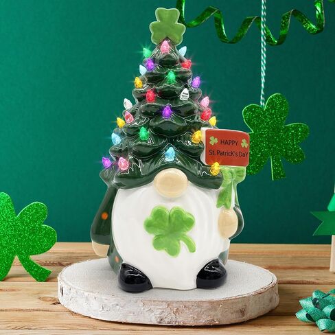 Cochpriet St Patricks Day زخارف شجرة جنوم السيراميك، ديكورات يوم St Patricks للمنزل، ديكور Sant Patrick's Gnomes، ديكور طاولة شجرة جنوم السيراميك المضيئة - 8.6 بوصة كبيرة in Saudi Arabia