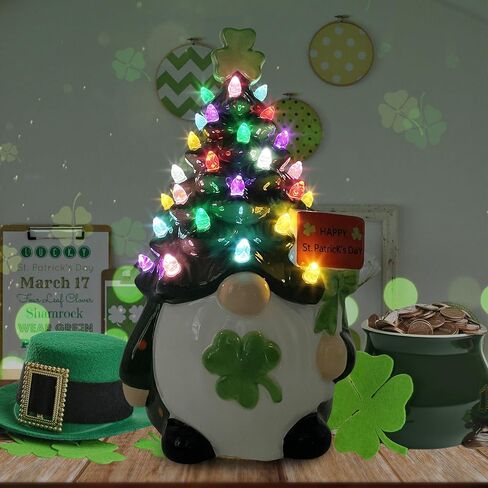 Cochpriet St Patricks Day زخارف شجرة جنوم السيراميك، ديكورات يوم St Patricks للمنزل، ديكور Sant Patrick's Gnomes، ديكور طاولة شجرة جنوم السيراميك المضيئة - 8.6 بوصة كبيرة in Saudi Arabia