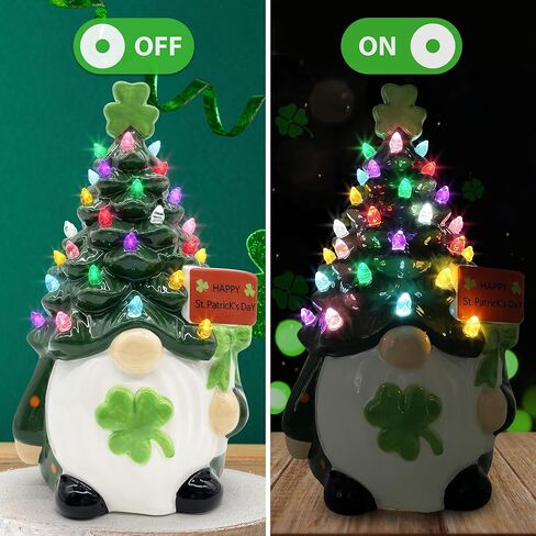 Cochpriet St Patricks Day زخارف شجرة جنوم السيراميك، ديكورات يوم St Patricks للمنزل، ديكور Sant Patrick's Gnomes، ديكور طاولة شجرة جنوم السيراميك المضيئة - 8.6 بوصة كبيرة in Saudi Arabia