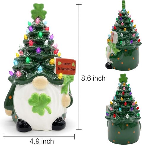 Cochpriet St Patricks Day زخارف شجرة جنوم السيراميك، ديكورات يوم St Patricks للمنزل، ديكور Sant Patrick's Gnomes، ديكور طاولة شجرة جنوم السيراميك المضيئة - 8.6 بوصة كبيرة in Saudi Arabia