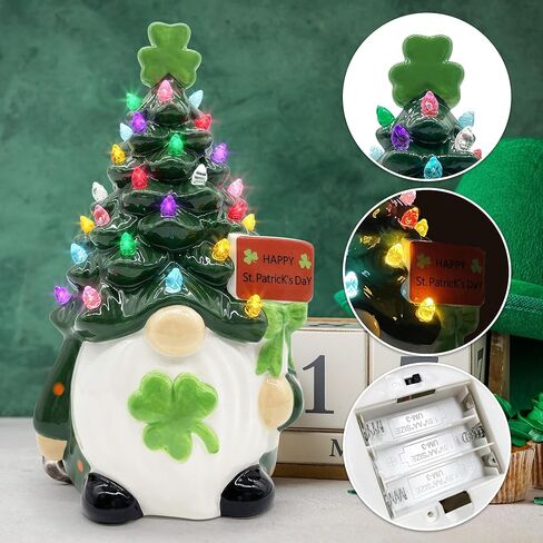 Cochpriet St Patricks Day زخارف شجرة جنوم السيراميك، ديكورات يوم St Patricks للمنزل، ديكور Sant Patrick's Gnomes، ديكور طاولة شجرة جنوم السيراميك المضيئة - 8.6 بوصة كبيرة in Saudi Arabia
