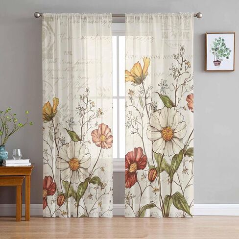 Floral Sheer Window Curtains, Vintage Floral Leaf French Country Curtain Drapes Rod Pocket Voile Farmhouse Botanical Window Treatment for Living Room Bedroom 52"W x 84"L Inch, Set of 2 Panel in Saudi Arabia