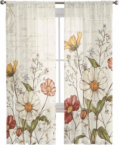 Floral Sheer Window Curtains, Vintage Floral Leaf French Country Curtain Drapes Rod Pocket Voile Farmhouse Botanical Window Treatment for Living Room Bedroom 52"W x 84"L Inch, Set of 2 Panel in Saudi Arabia