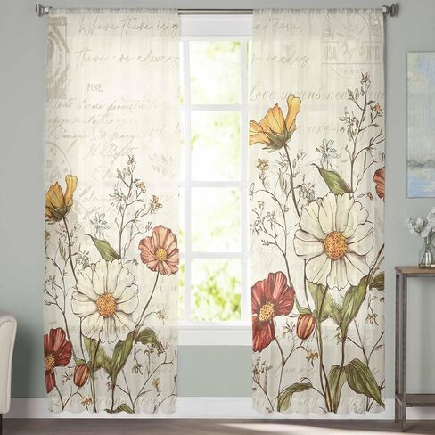 Floral Sheer Window Curtains, Vintage Floral Leaf French Country Curtain Drapes Rod Pocket Voile Farmhouse Botanical Window Treatment for Living Room Bedroom 52"W x 84"L Inch, Set of 2 Panel in Saudi Arabia