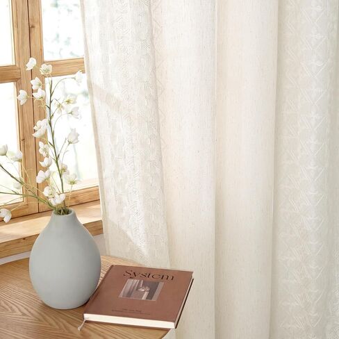 NICETOWN Boho Curtains with Navy Blue Trim 84" Long 2 Panels, Embroidered Linen Textured Geometric Drapes with Antique Bronze Grommets, Light Filtering Window Treatment for Living Room & Nursery in Saudi Arabia
