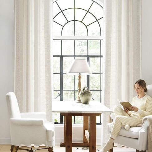 NICETOWN Boho Curtains with Navy Blue Trim 84" Long 2 Panels, Embroidered Linen Textured Geometric Drapes with Antique Bronze Grommets, Light Filtering Window Treatment for Living Room & Nursery in Saudi Arabia