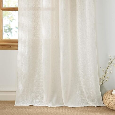NICETOWN Boho Curtains with Navy Blue Trim 84" Long 2 Panels, Embroidered Linen Textured Geometric Drapes with Antique Bronze Grommets, Light Filtering Window Treatment for Living Room & Nursery in Saudi Arabia