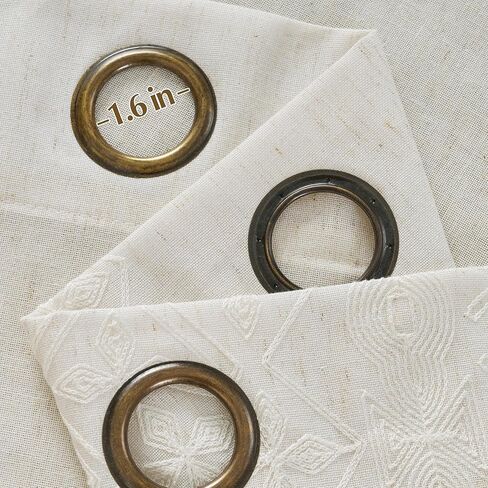 NICETOWN Boho Curtains with Navy Blue Trim 84" Long 2 Panels, Embroidered Linen Textured Geometric Drapes with Antique Bronze Grommets, Light Filtering Window Treatment for Living Room & Nursery in Saudi Arabia