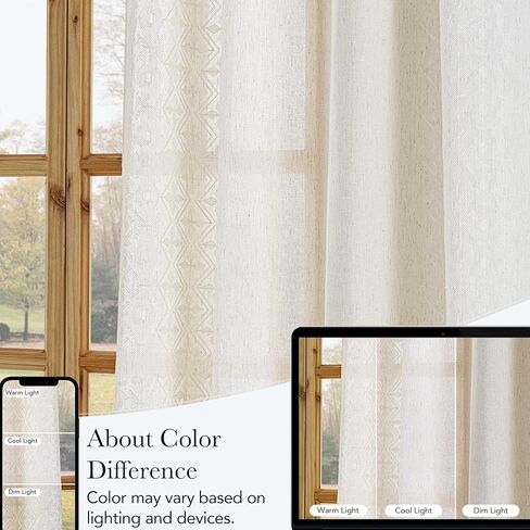NICETOWN Boho Curtains with Navy Blue Trim 84" Long 2 Panels, Embroidered Linen Textured Geometric Drapes with Antique Bronze Grommets, Light Filtering Window Treatment for Living Room & Nursery in Saudi Arabia