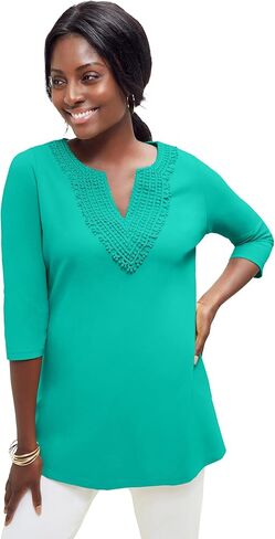 Jessica London Women's Plus Size Stretch Cotton Crochet Notch Neck Tunic in Kuwait