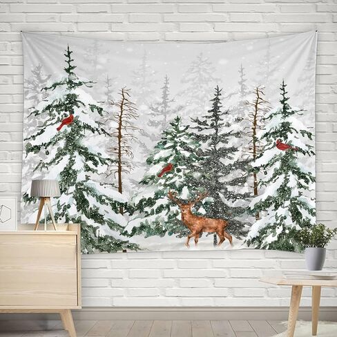 HWSSHW Winter Deer Tapestry Snowy Pine Tree Forest Elk Christmas Red Birds Snowflake Rustic Nature Holiday Wall Hanging Home Decor for Bedroom Dorm Living Room in Saudi Arabia