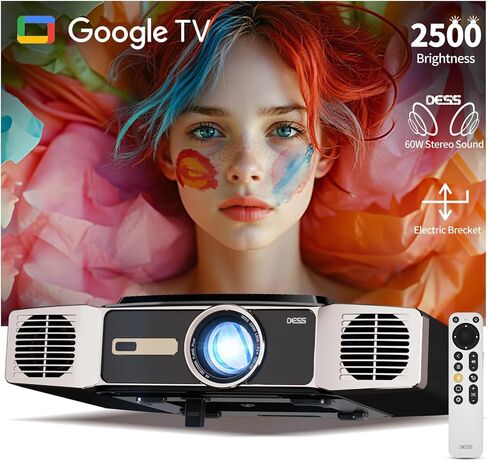 [60W BIG Stereo Sound & 2500 Brightness] Dess Projector مع WiFi و Bluetooth ， Proyector Outdoor مع حامل كهربائي ، Focus و Keystone ، دعم فك التشفير 4K ، جهاز عرض ذكي مع Netflix & Google TV in Kuwait