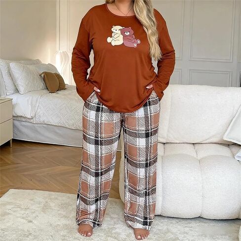 Women’s Loungewear Set, Comfortable Long Sleeve Top and Plaid Pants, Cozy Plus Size Fall and Winter Pajama Set in Saudi Arabia
