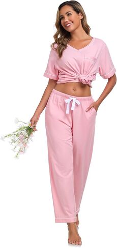 طقم بيجامة نسائي من القطن 100% من MAYFISH بأكمام قصيرة وسراويل طويلة طقم Pj ناعم برقبة على شكل حرف V مكون من قطعتين ملابس نوم مع جيوب in Saudi Arabia