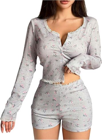 SOLY HUX Women's Floral Pajama Set Lace Trim Long Sleeve Button Down Shirt and Shorts Fall Loungewear Sleepwear in Saudi Arabia