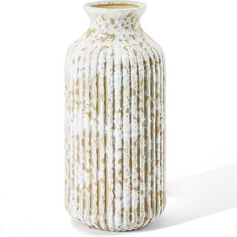 Ceramic Flower Vase Home Décor, 9.25 Inch Rustic Farmhouse Vase, Ribbed Vintage Vase, Pottery Decorative Vases for Living Room, Entryway Table, Shelf, Kitchen Island, Coffee Table(Mottled-Brown) in Saudi Arabia