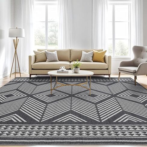 GarveeHome Large Area Rugs 9x12 Washable Rug Modern Geometric Living Room Rugs Soft Textured Neutral Rug Non-Slip, Stain-Resistant Low Pile Accent Rugs Contemporary Carpet for Bedroom, Office, Black in Saudi Arabia