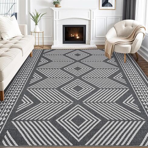 GarveeHome Large Area Rugs 9x12 Washable Rug Modern Geometric Living Room Rugs Soft Textured Neutral Rug Non-Slip, Stain-Resistant Low Pile Accent Rugs Contemporary Carpet for Bedroom, Office, Black in Saudi Arabia