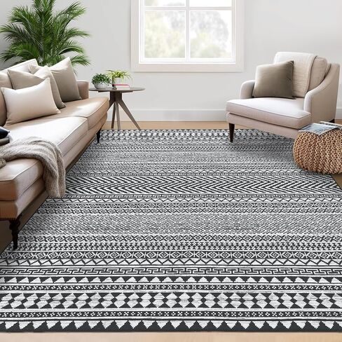 GarveeHome Large Area Rugs 9x12 Washable Rug Modern Geometric Living Room Rugs Soft Textured Neutral Rug Non-Slip, Stain-Resistant Low Pile Accent Rugs Contemporary Carpet for Bedroom, Office, Black in Saudi Arabia