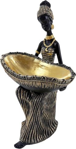 Dwelloria African Woman Statue with Large Decorative Bowl – Resin Figurine, Black and Gold Cultural Sculpture, African Home Decor Centerpiece, Jewelry Trinket Candy Dish in Saudi Arabia